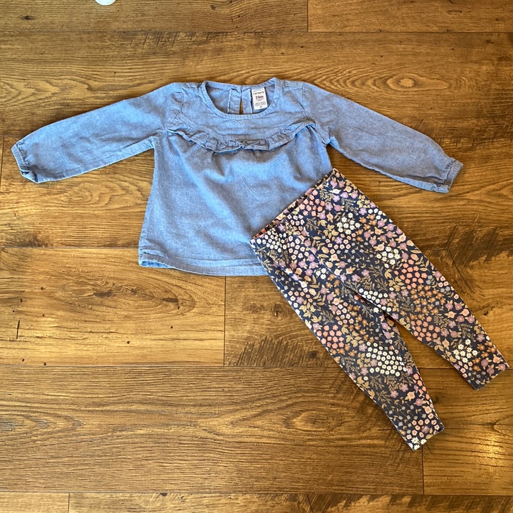 Carter’s Denim Ruffle shirt with Floral Leggings